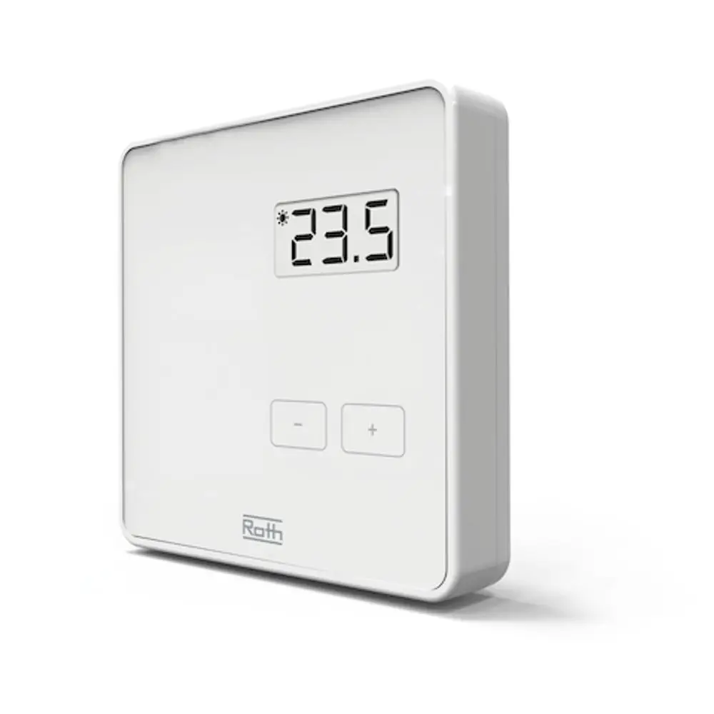 Weißes Wandthermostat mit digitaler Anzeige und Tasten zur Temperaturregelung. Marke Roth, aktuell angezeigte Temperatur: 23,5 Grad.